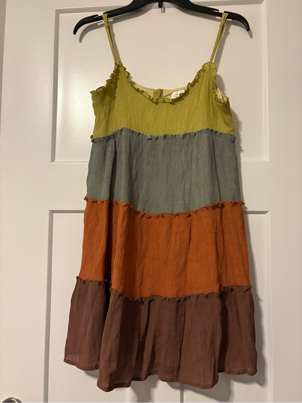 Colorblock Tiered Spaghetti Strap Dress - Green, Gray, Orange, Brown